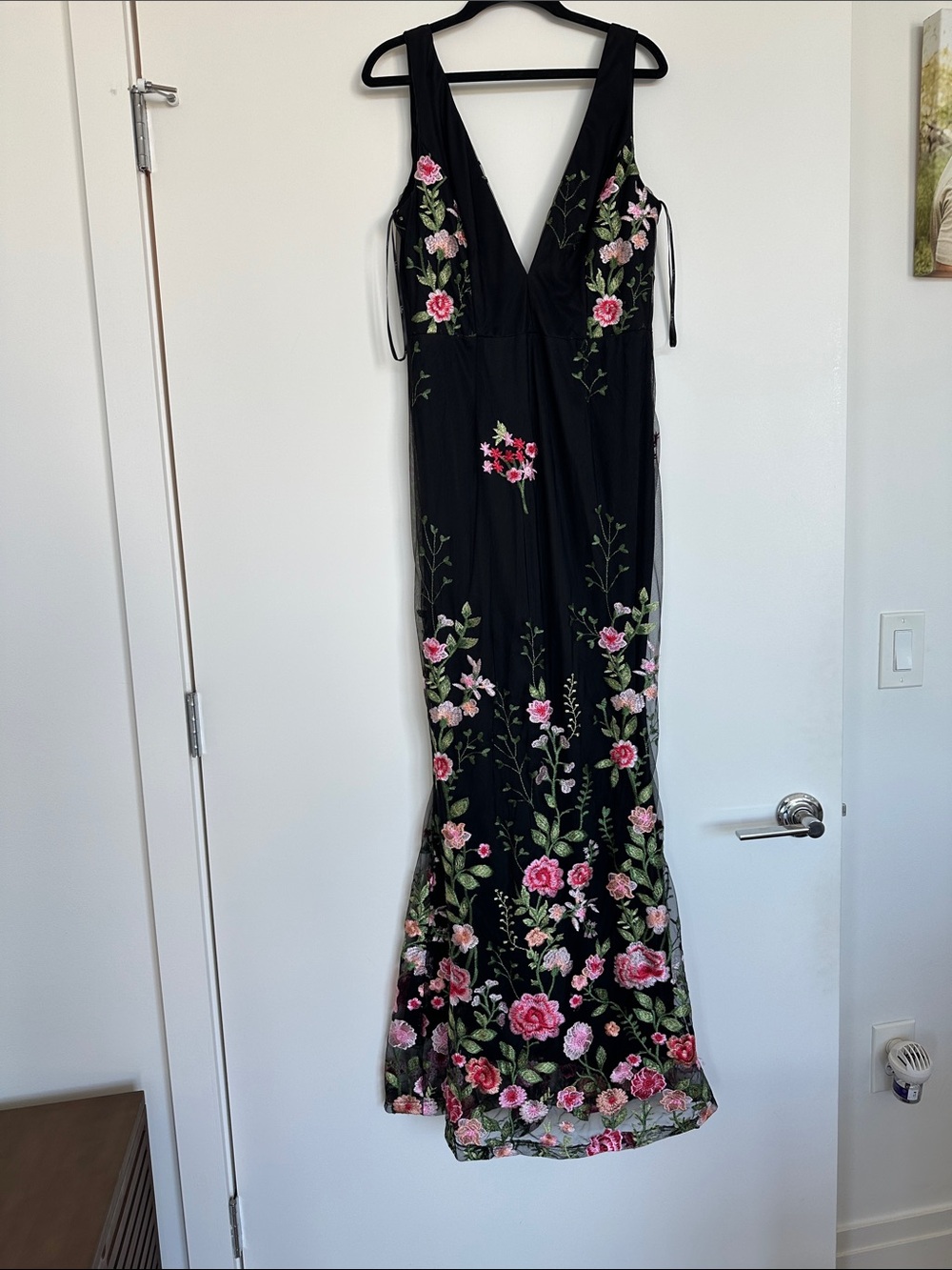 Lulu's Black Maxi Dress with Pink Floral Embroidery